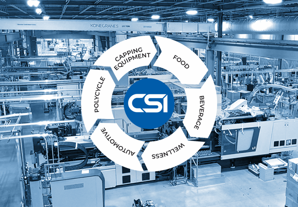 CSI closure portfolio showing food beverage pharmaceutical automotive applications
